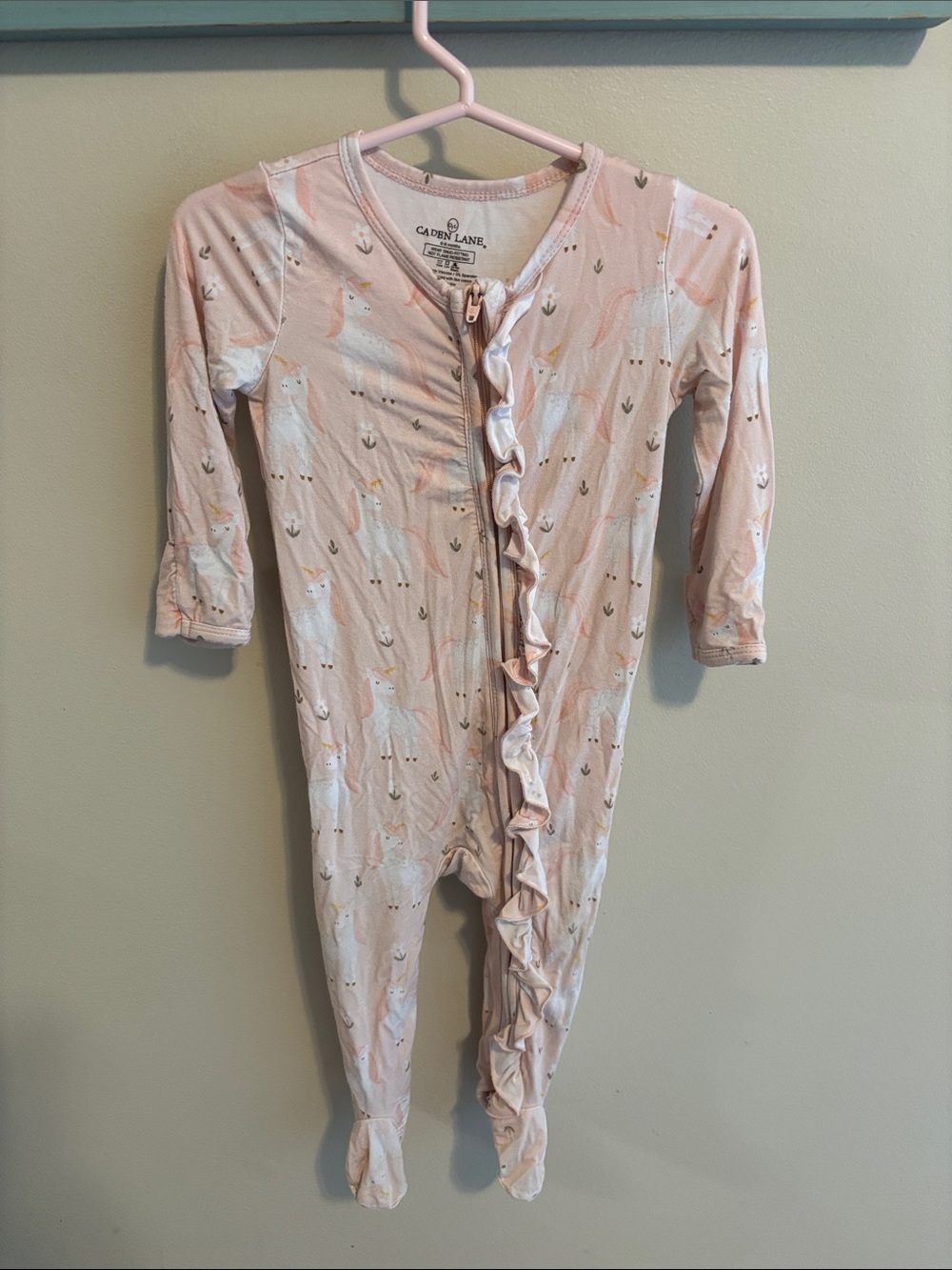Caden Lane Sweet Unicorn Bamboo Ruffle Footie Pajamas Sleeper Pink Girl 6-9M